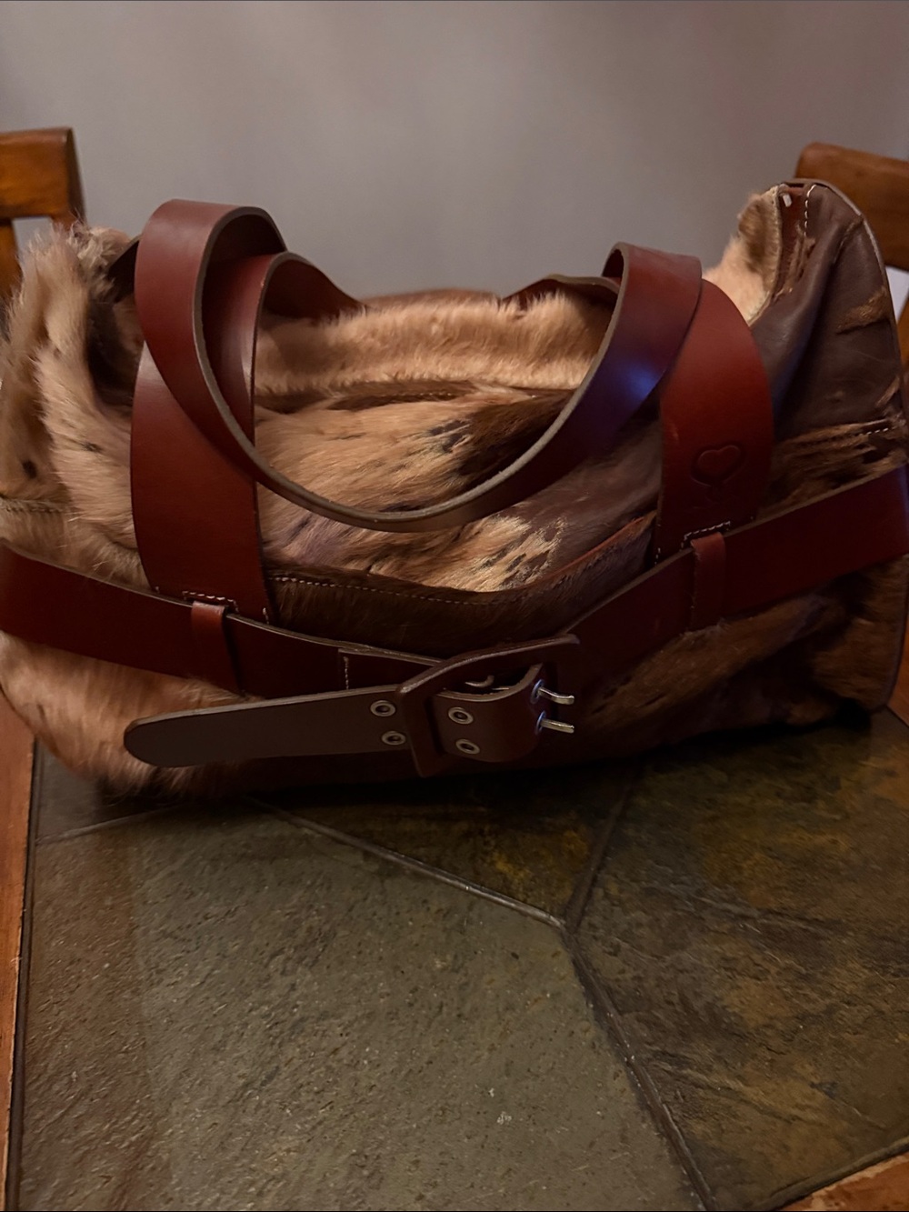 Brown Leather-Strap Horse Hair Barrel Buckle Bag
